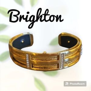 BRIGHTON Gold Plated Christo Rhone Castlecore Leather Cuff Bracelet